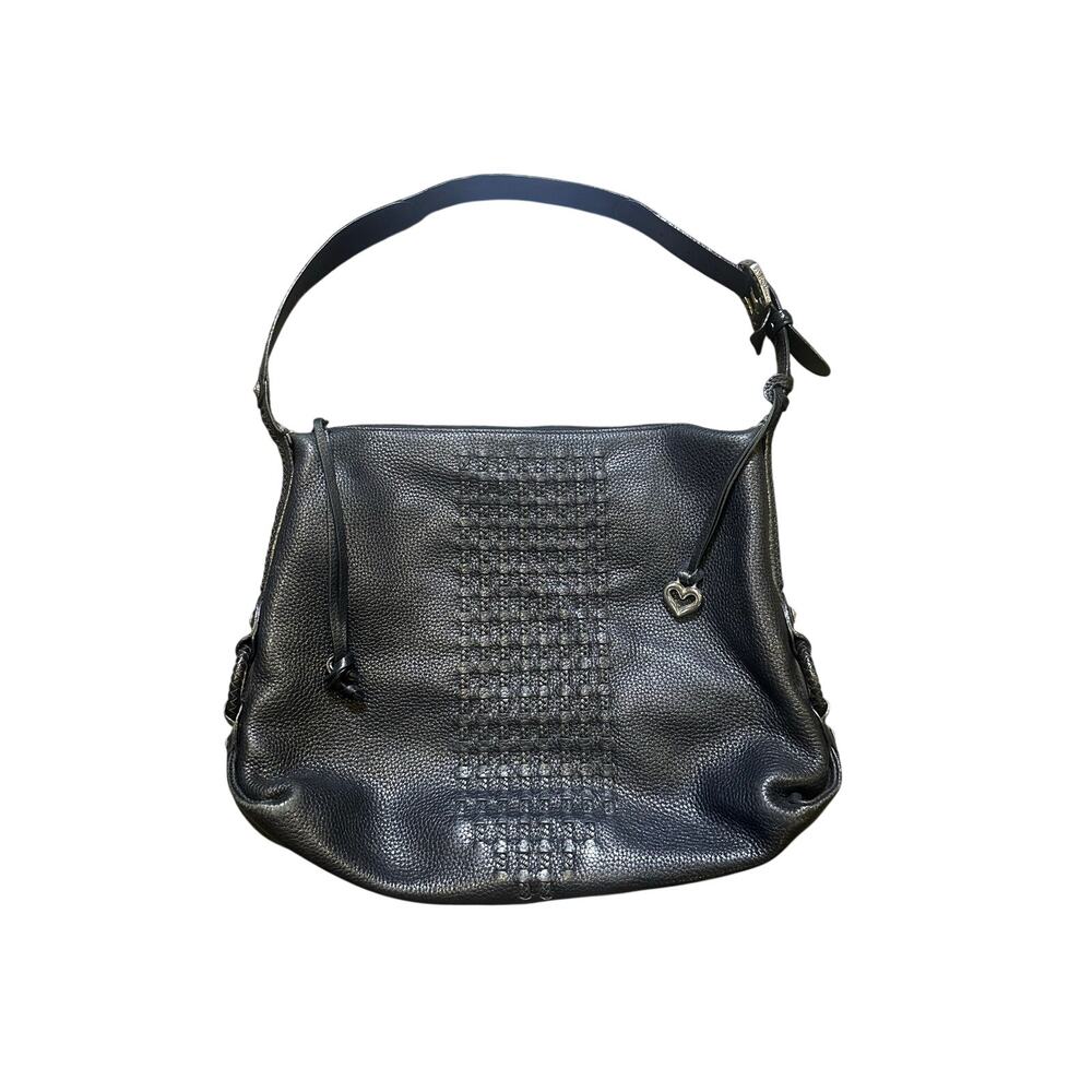 Brighton Black Leather Hobo Shoulder Bag Woven Center
